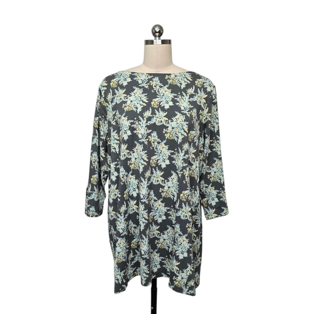 J. Jill Luxe Supima 3/4-Sleeve Tunic Floral Charcoal Grey Womens Size XL